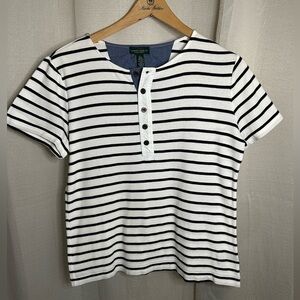 Lauren Ralph Lauren Shirt Short Sleeve Size Large 1/4 Button White Striped Shirt